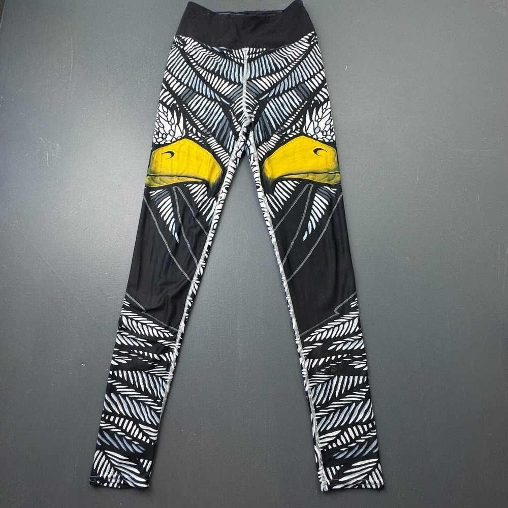RynoArt Women's Small Owl Print Leggings Black White Yellow Stretch Yoga Pants